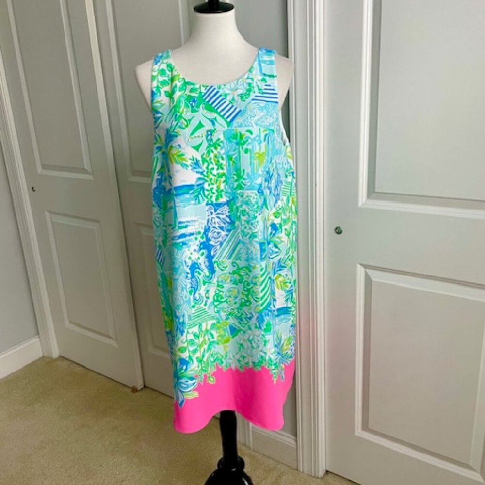 Sleeveless Tropical Print Shift Dress with Pink Hem